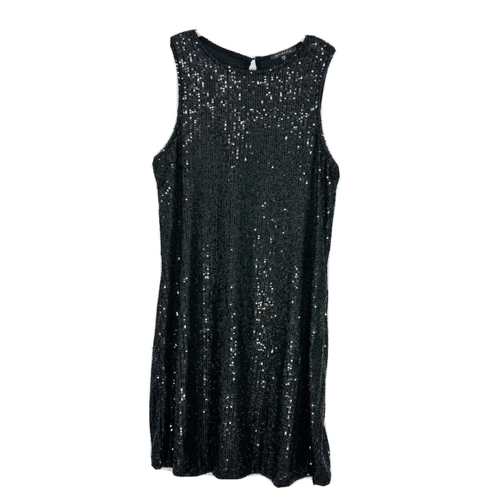 Marina Black Women’s Sequins Sleeveless Shift Flare Dress Size 6 NWT